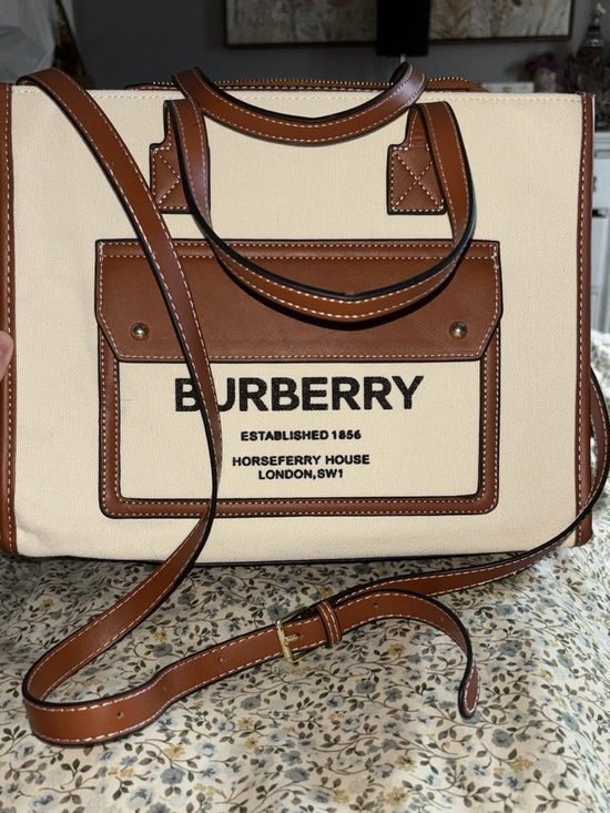 Burberry Handbags - Burberry Cream Canvas Tote with Tan Leather Trim